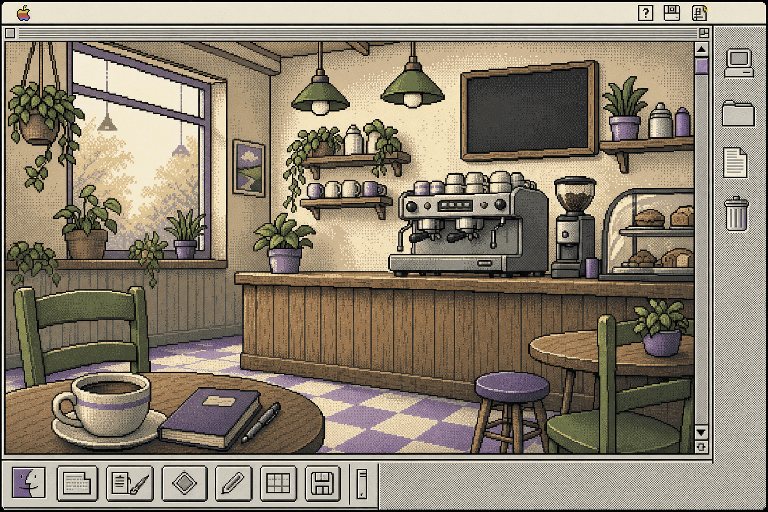 Whimsical 8-bit System 7 style coffee shop